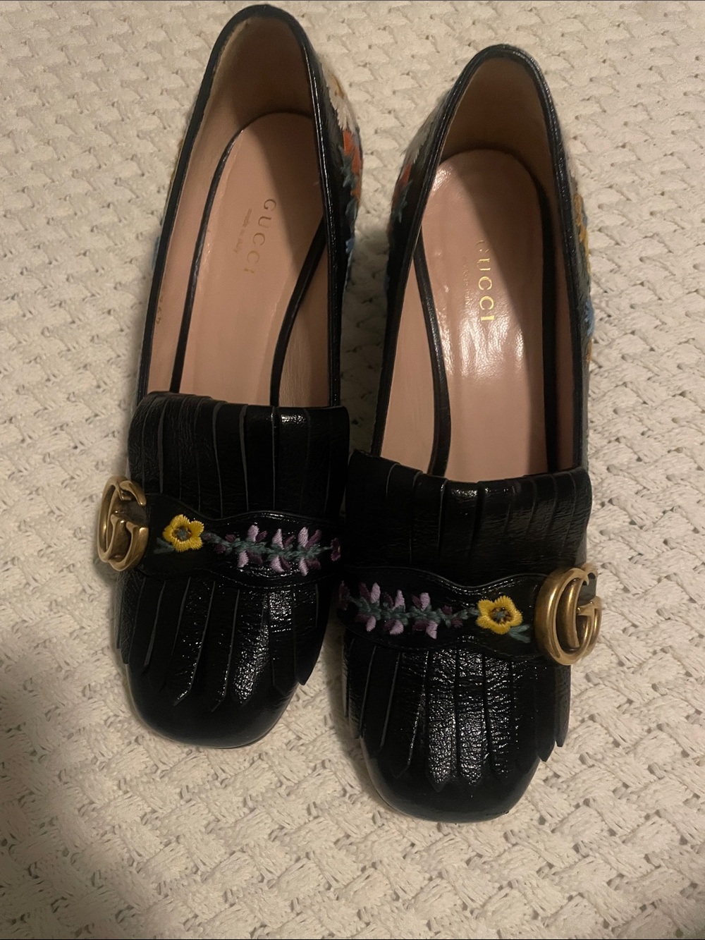 Gucci Black Leather Fringe Loafers with Floral Embroidery